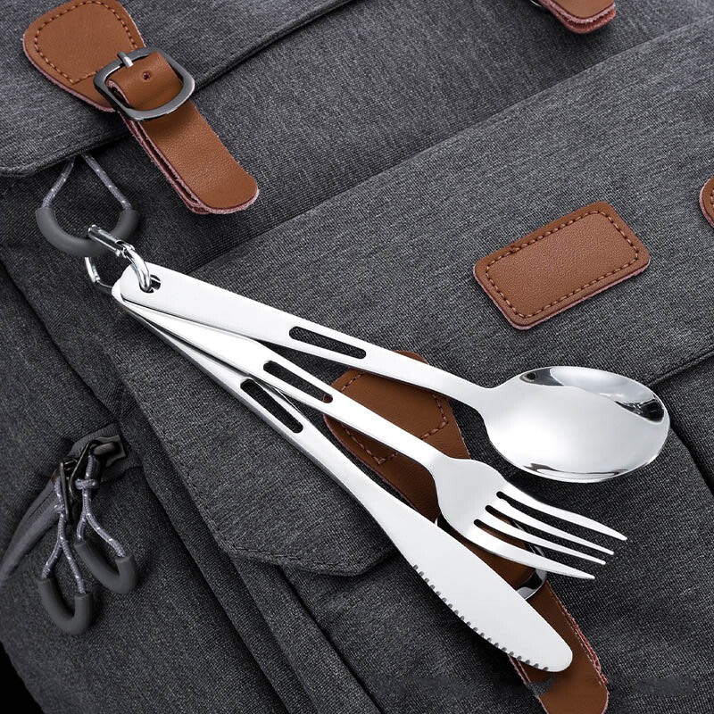 Stainless Steel Camping Utensil Set - 3-Piece Fork, Spoon, Knife for Outdoor