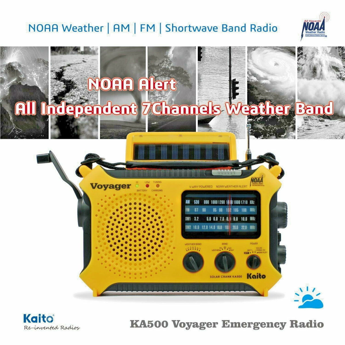 Emergency Weather Radio with Solar Crank AM FM Shortwave NOAA Alerts Yellow