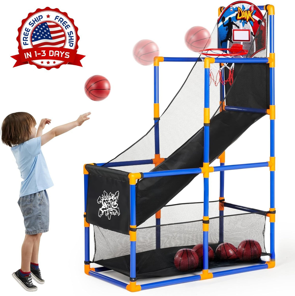 Basketball Arcade Game with 4 Balls and Rim – Adjustable Indoor/Outdoor Play for Ages 3-12