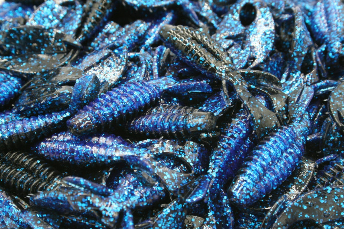 Electric Blue Black Craw Flapper Creature Baits for Bass Fishing - 50 or 12 Pack