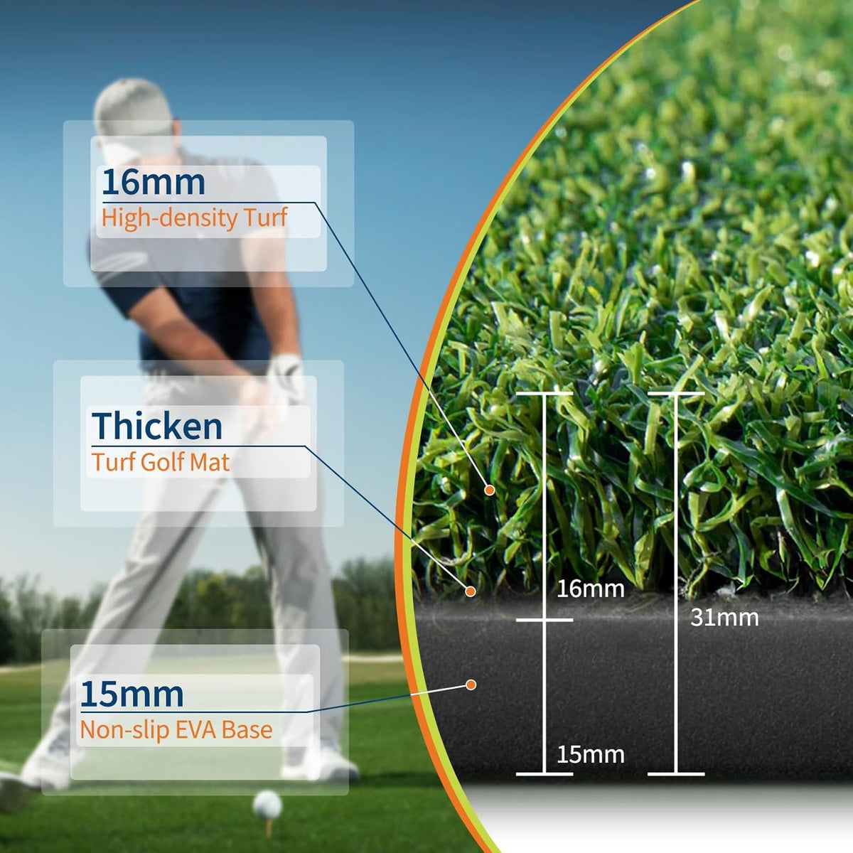 Golf Hitting Mat 5x4 ft Premium Turf for Realistic Practice with 6 Tee Slots