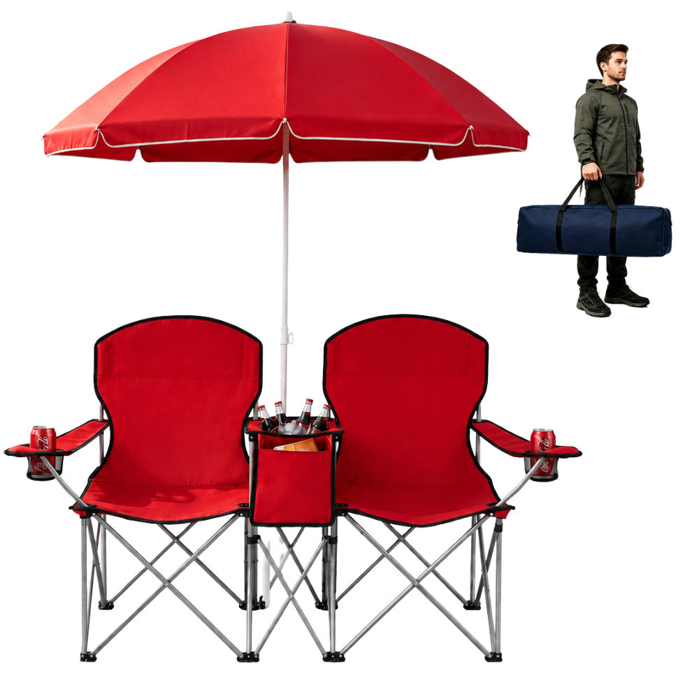 Portable 2-Person Folding Picnic Chair with Umbrella Cooler and Cup Holders