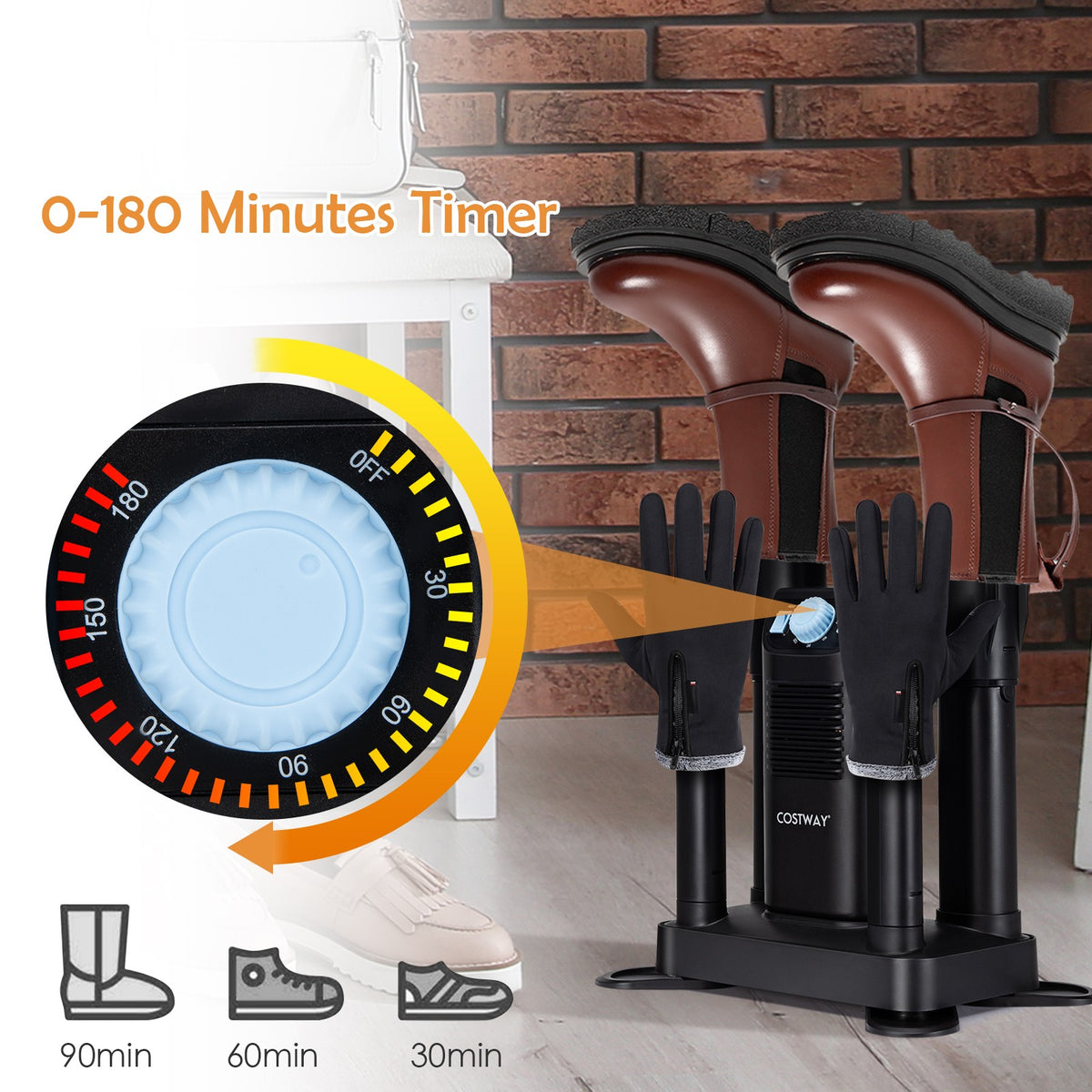 Electric Shoe Dryer with Ozone Deodorizer, 4 Shoe Capacity, Timer, Black