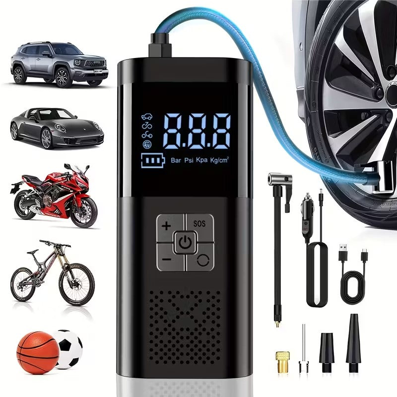 Portable Electric Tire Inflator Pump with LCD Screen & Rechargeable Battery