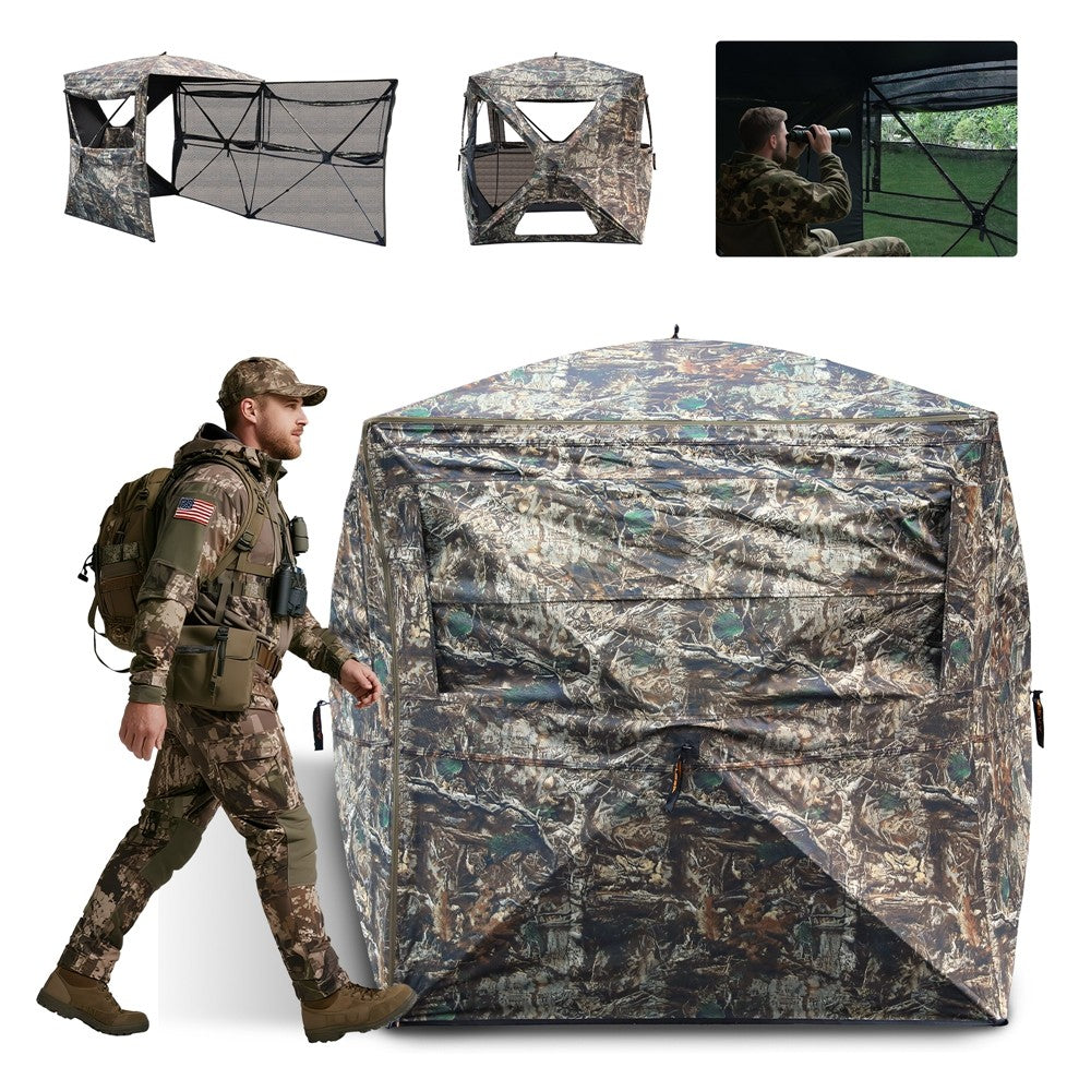 See-Through Hunting Blind for 3-4 Persons with Full-Opening Doors - 270° Visibility