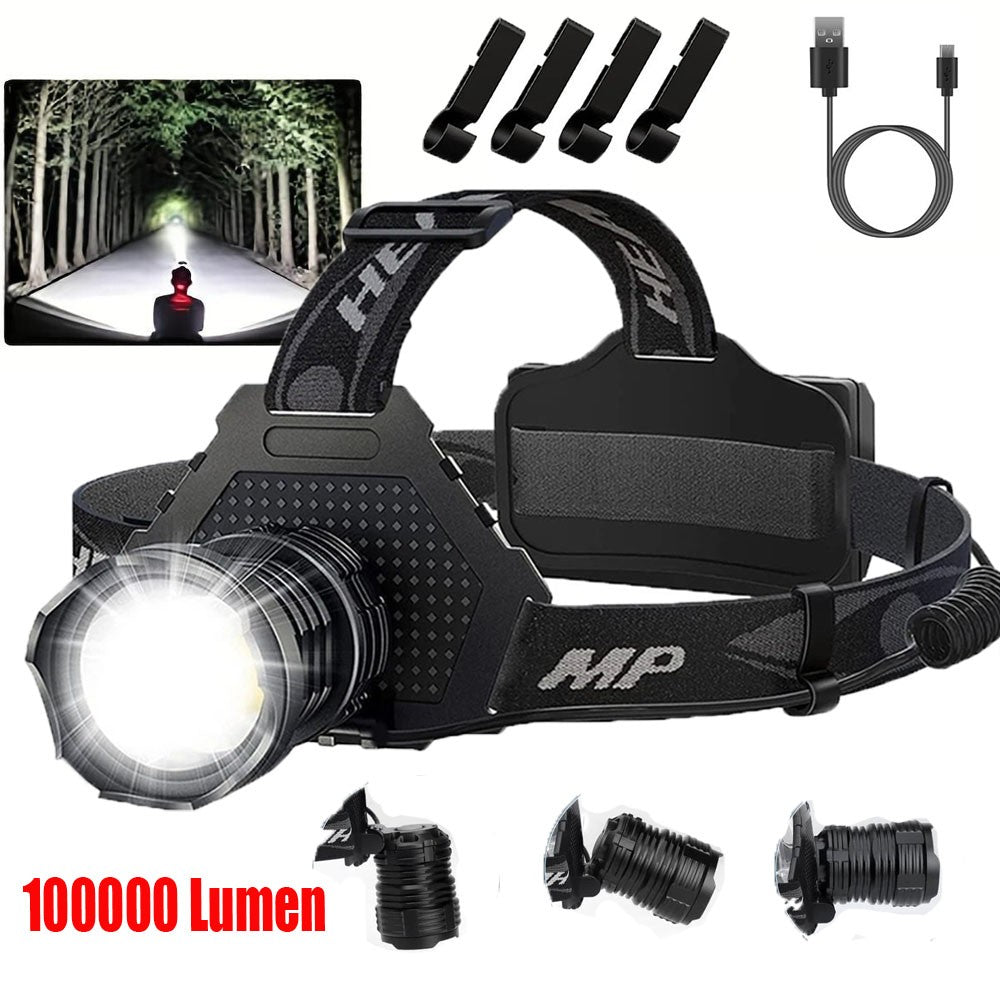 Rechargeable LED Headlamp 100000 Lumens, Super Bright Camping & Hiking Light