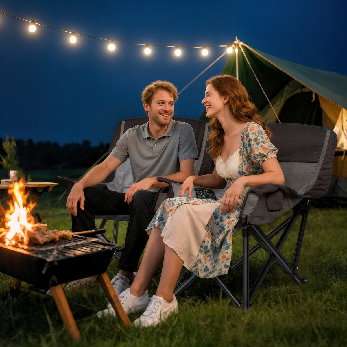 Portable Folding Camping Chair with High-Density Padding, Cup Holders and Side Pockets, Black and Gray