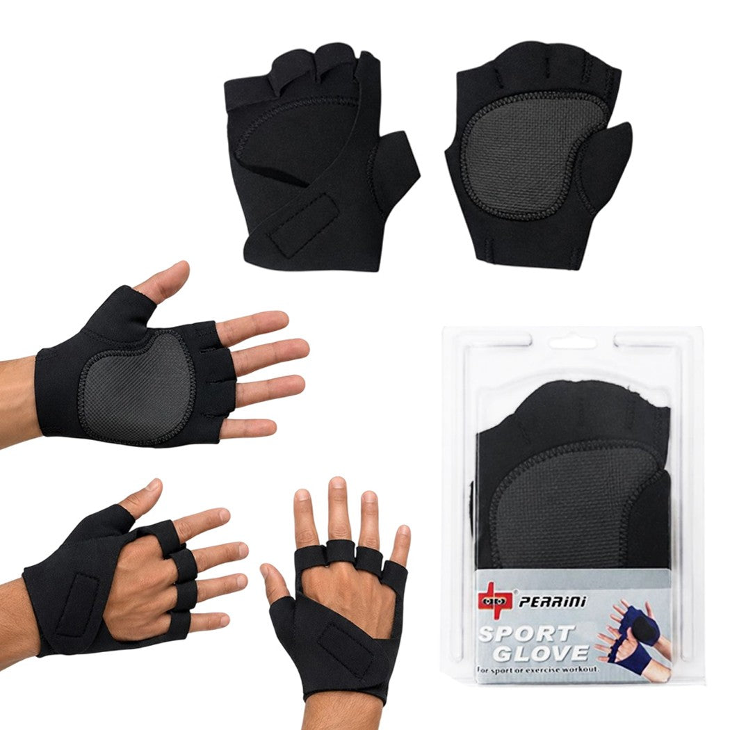 Fingerless Sport Gloves with Wrist Strap and Padded Thumb - Black