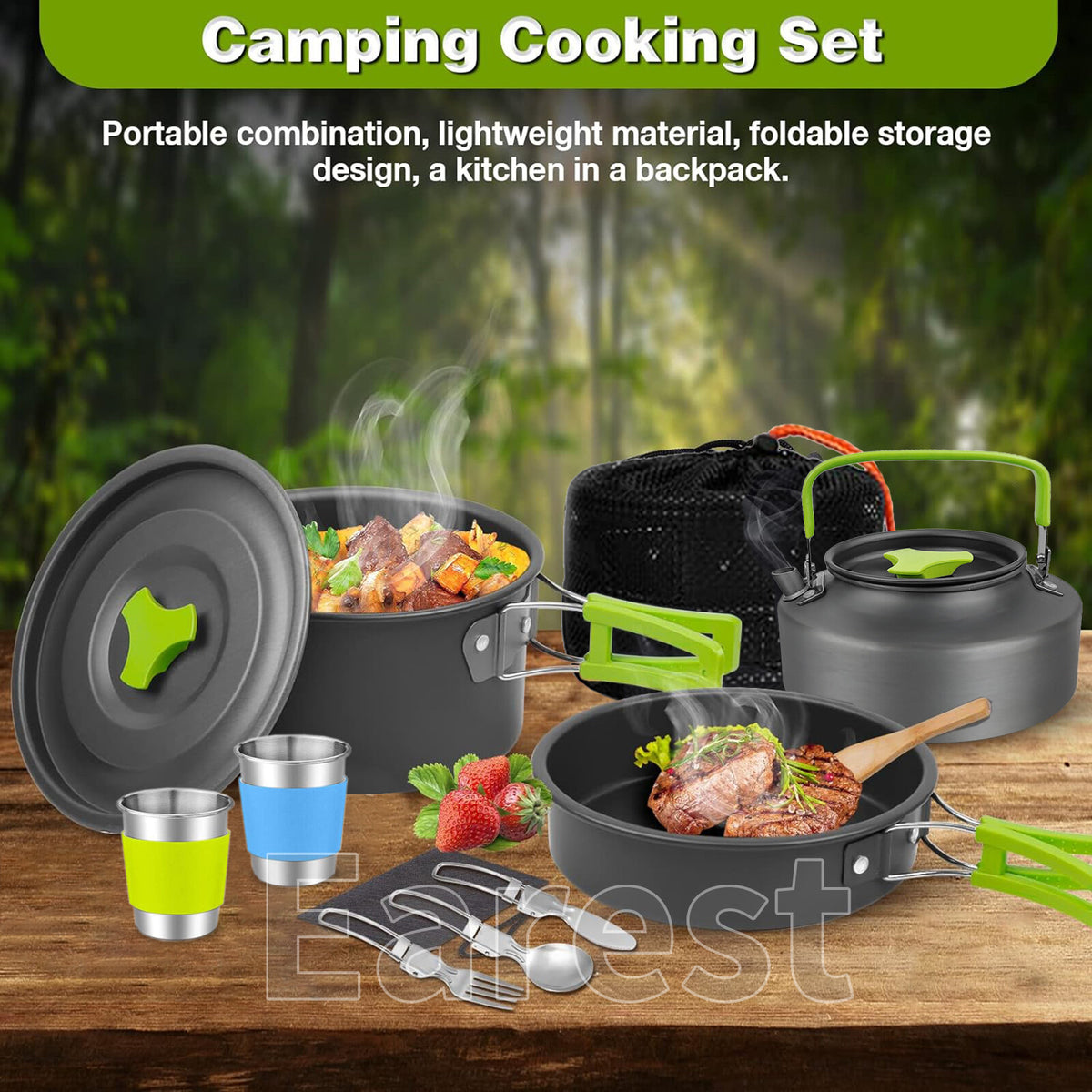 Portable Camping Cookware Set 13 Pcs Lightweight Non-Stick Pot Pan Kettle
