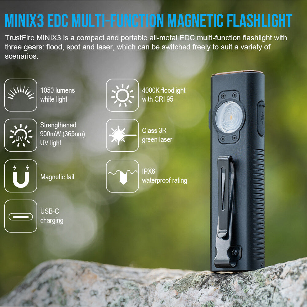 Trustfire MINIX3 LED Flashlight 1050 Lumens with Red, UV, Green Laser & Magnetic Tail