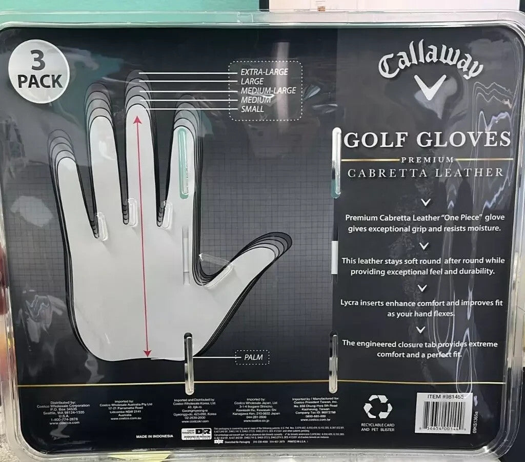 Premium Golf Gloves 3-Pack - Cabretta Leather, Large, New Sealed
