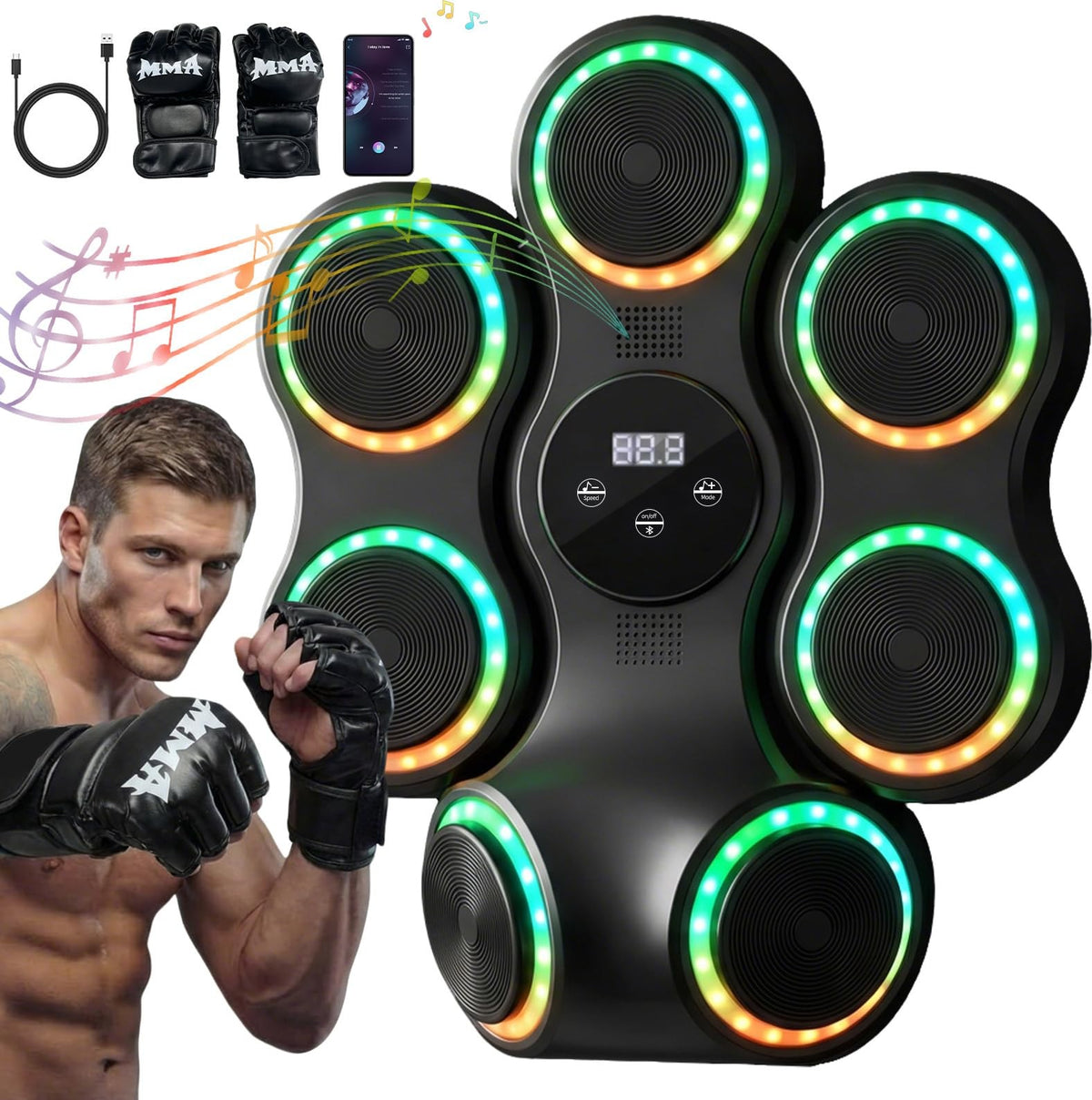 Adult Music Boxing Machine with Gloves, 11 Modes, Bluetooth & Impact Pads