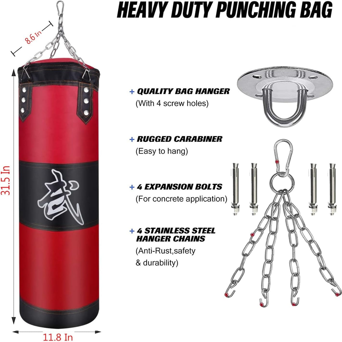 Unfilled Heavy Punching Bag Set with Hand Wraps & Steel Hanger for Boxing MMA Training