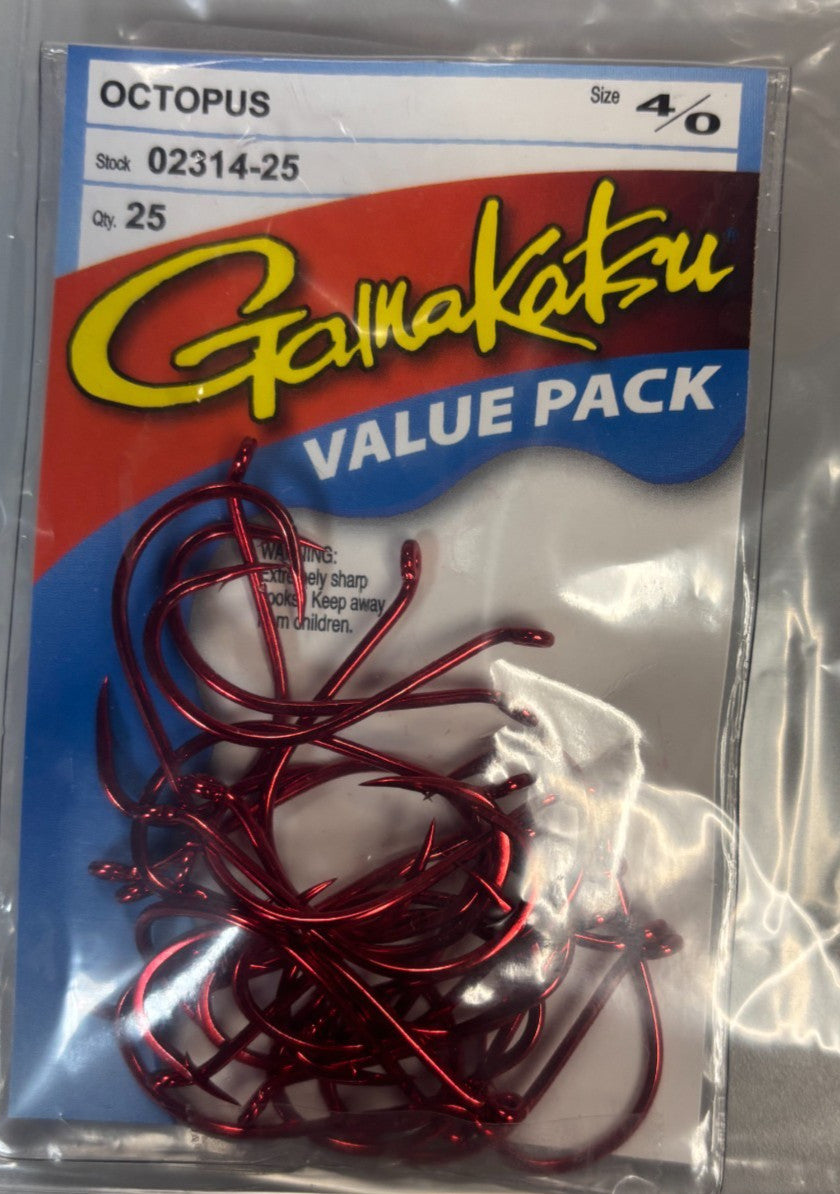 Gamakatsu Octopus Fishing Hooks 4/0 Red 25 Pack - Sharp & Durable Tackle