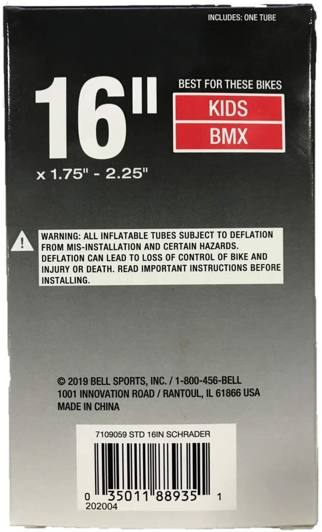 16-Inch Bicycle Inner Tube with Schrader Valve for Kids and BMX Bikes - Fits 1.75-2.25" Tires