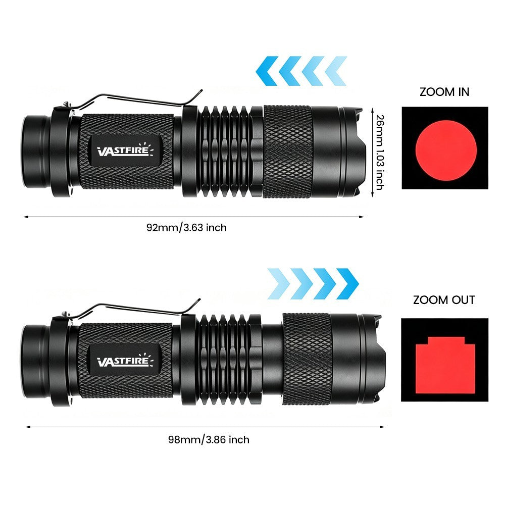 Mini Red Light LED Flashlight with Zoom, 3 Modes, Waterproof, Emergency Use
