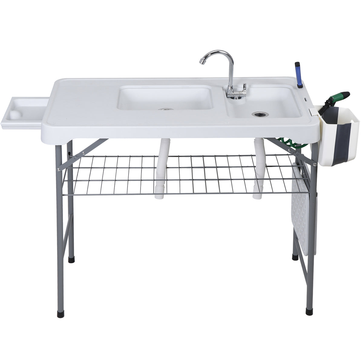 Fish Cleaning Station with Dual Sinks and Swivel Faucet - Portable Folding Camping Table