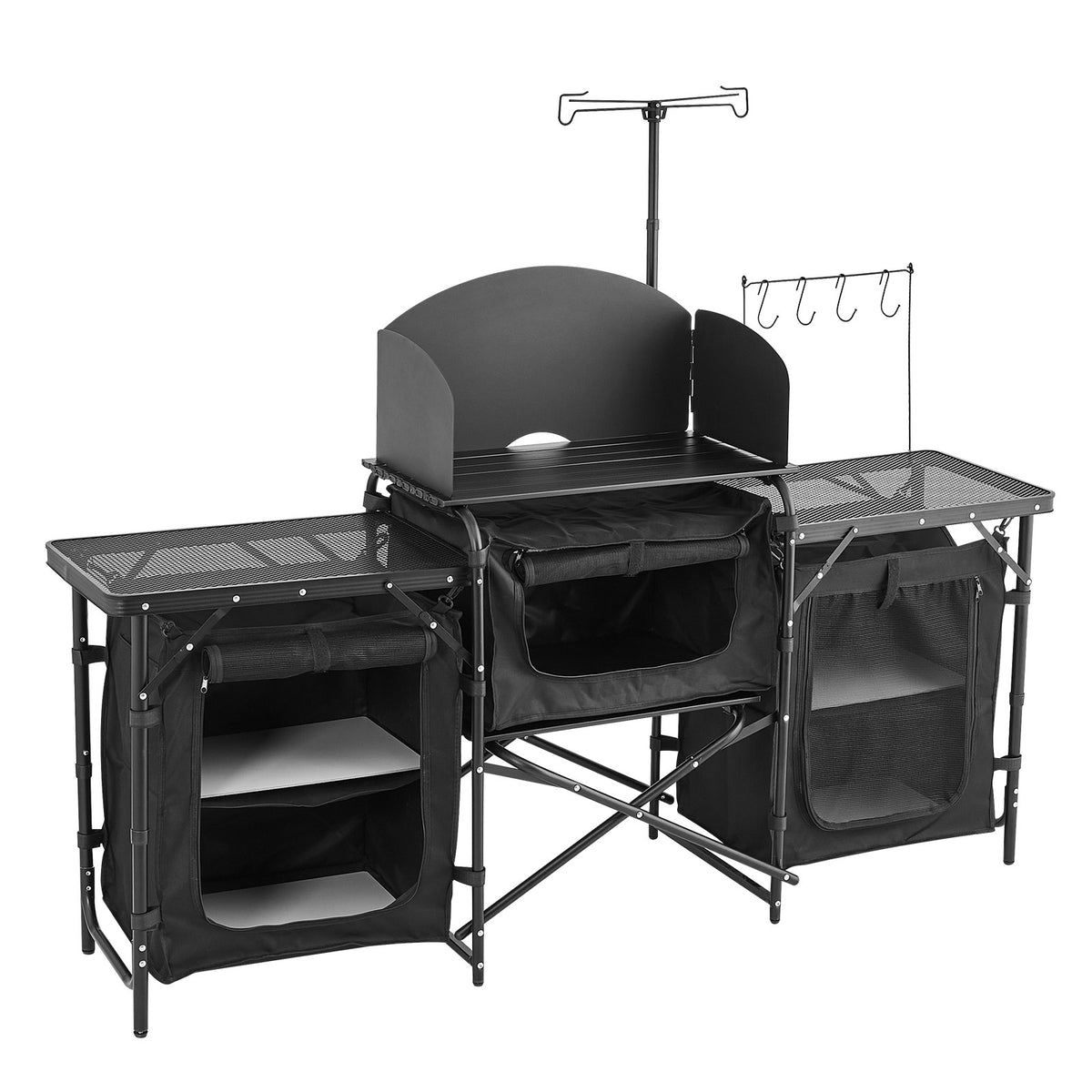 Portable Camping Kitchen Table with Windshield and Storage Compartments