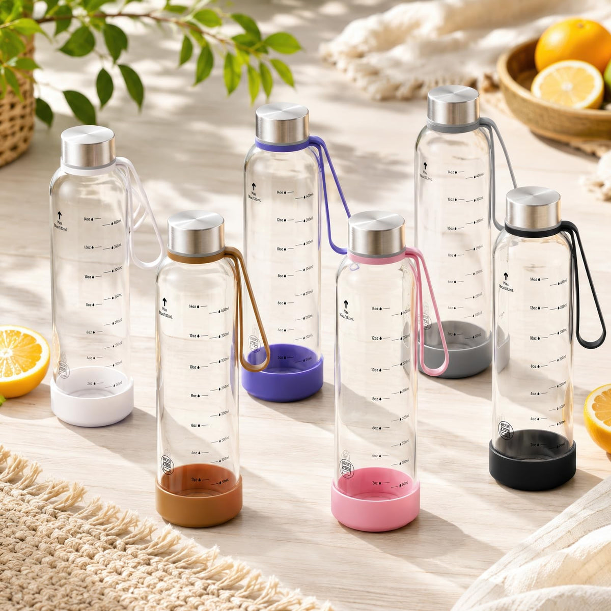 Glass Water Bottles 18 oz Pack of 6 with Leak-Proof Stainless Steel Lids