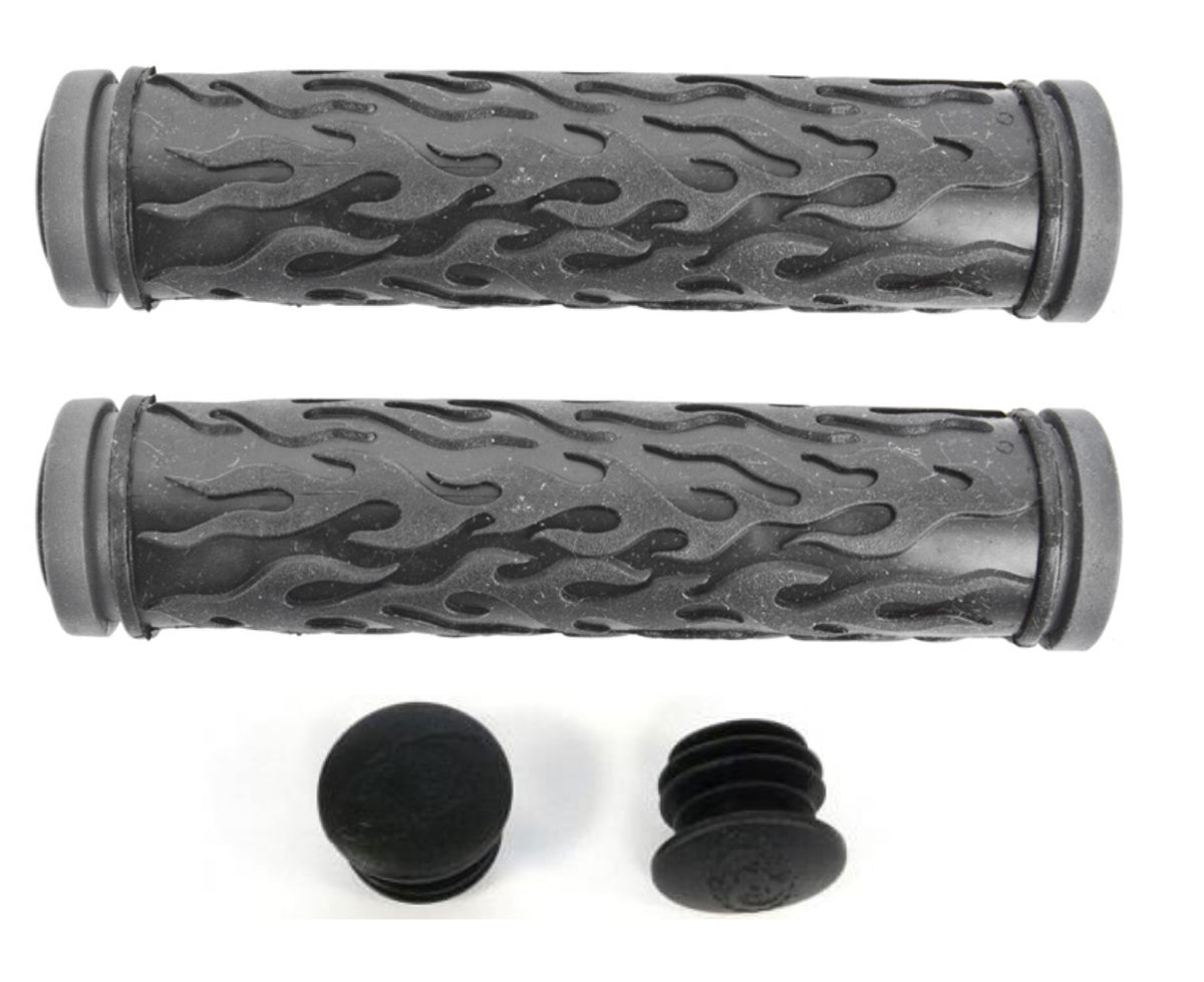 Black Flame Bicycle Handlebar Grips with End Plugs - Mountain Style 125mm