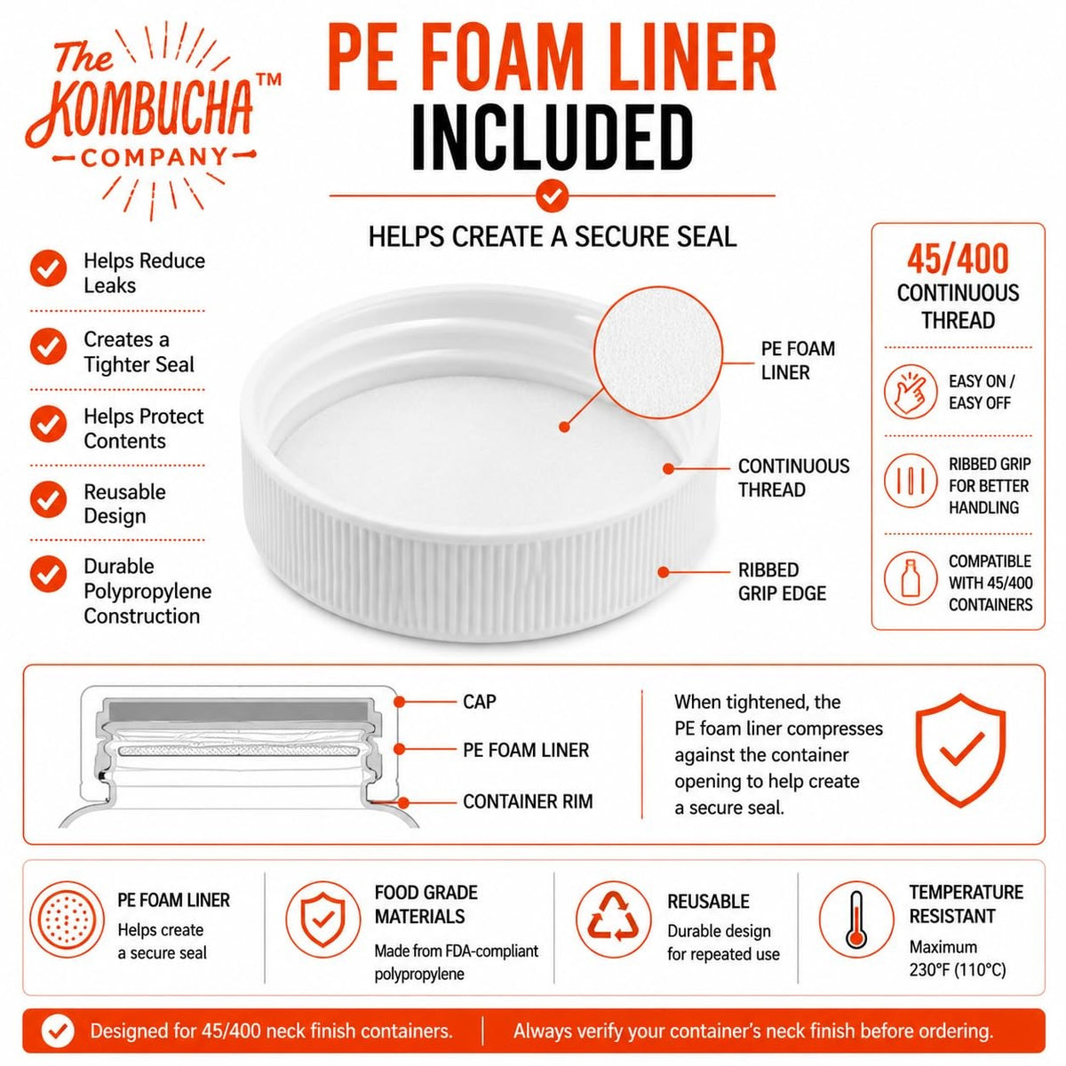 45mm White Ribbed Polypropylene Bottle Caps with PE Foam Liners - 45/400
