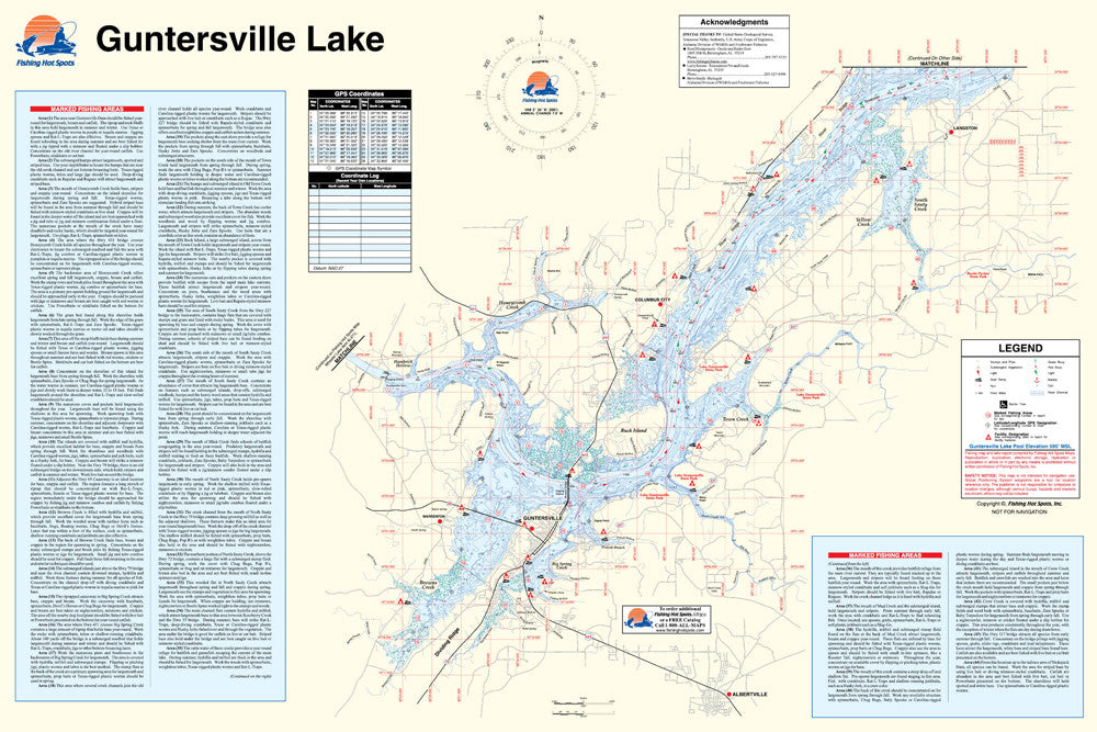Waterproof Fishing Map for Guntersville Lake with GPS Points - Fishing Hot Spots