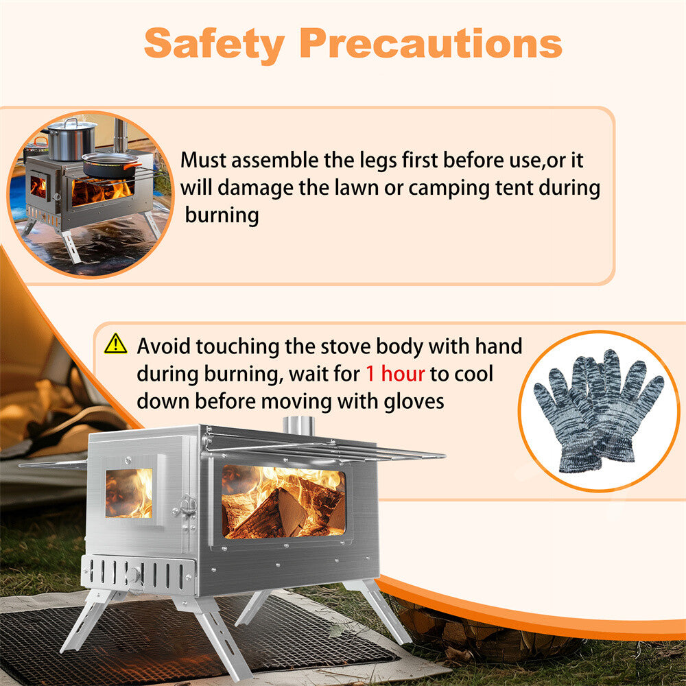 Portable Camping Wood Stove with Chimney Pipes, Tools, Bag & Ground Stakes