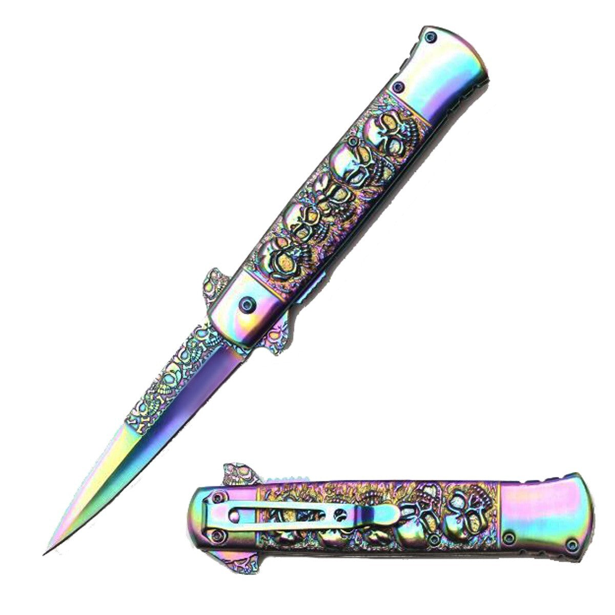Locking Pocket Knife with Skull Handle and Spring Assist - Black
