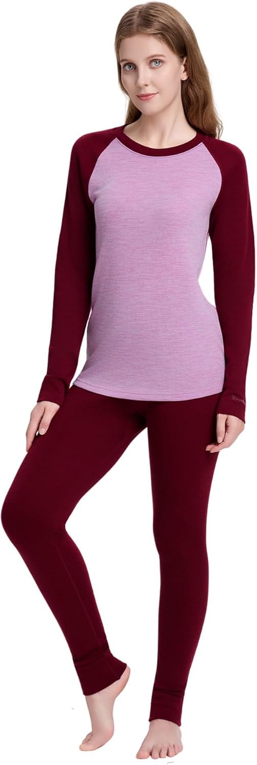 Women's Merino Wool Base Layer Sets Thermal Underwear Ski 2PC Top & Long Johns
