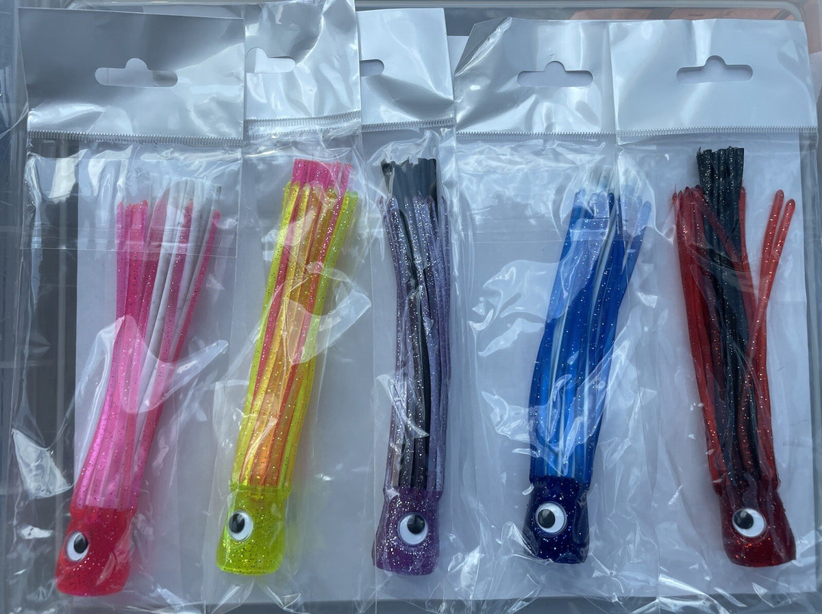 Fishing Trolling Skirts 5 Pack - Glitter Double Skirted Lures for Tuna Mahi Wahoo