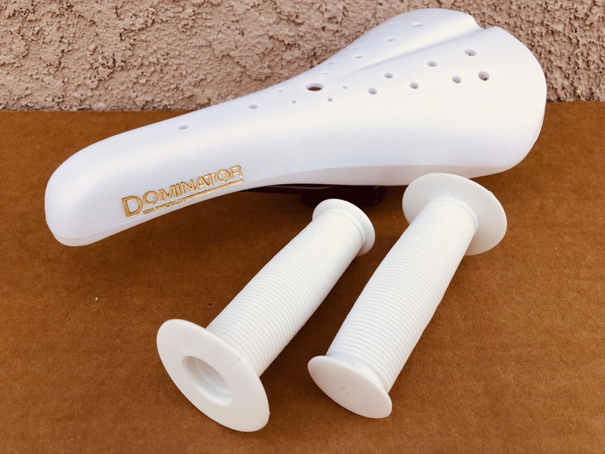 Old School BMX White Saddle with Mushroom Grips - Viscount Dominator Seat