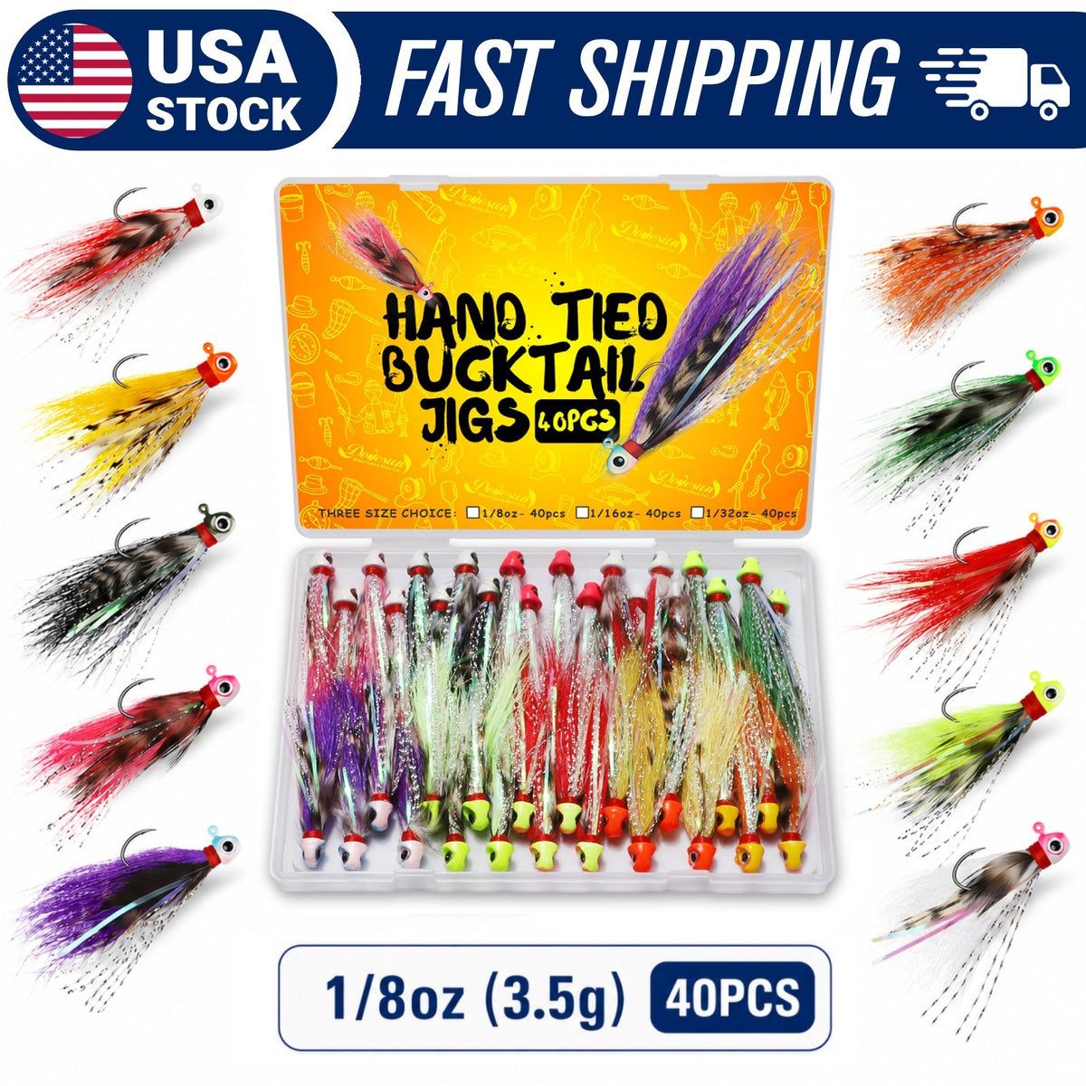 40PCS Fishing Jigs Kit - Hand-Tied Crappie Bucktail Hair Lures with 3D Eyes and V-Style Hooks