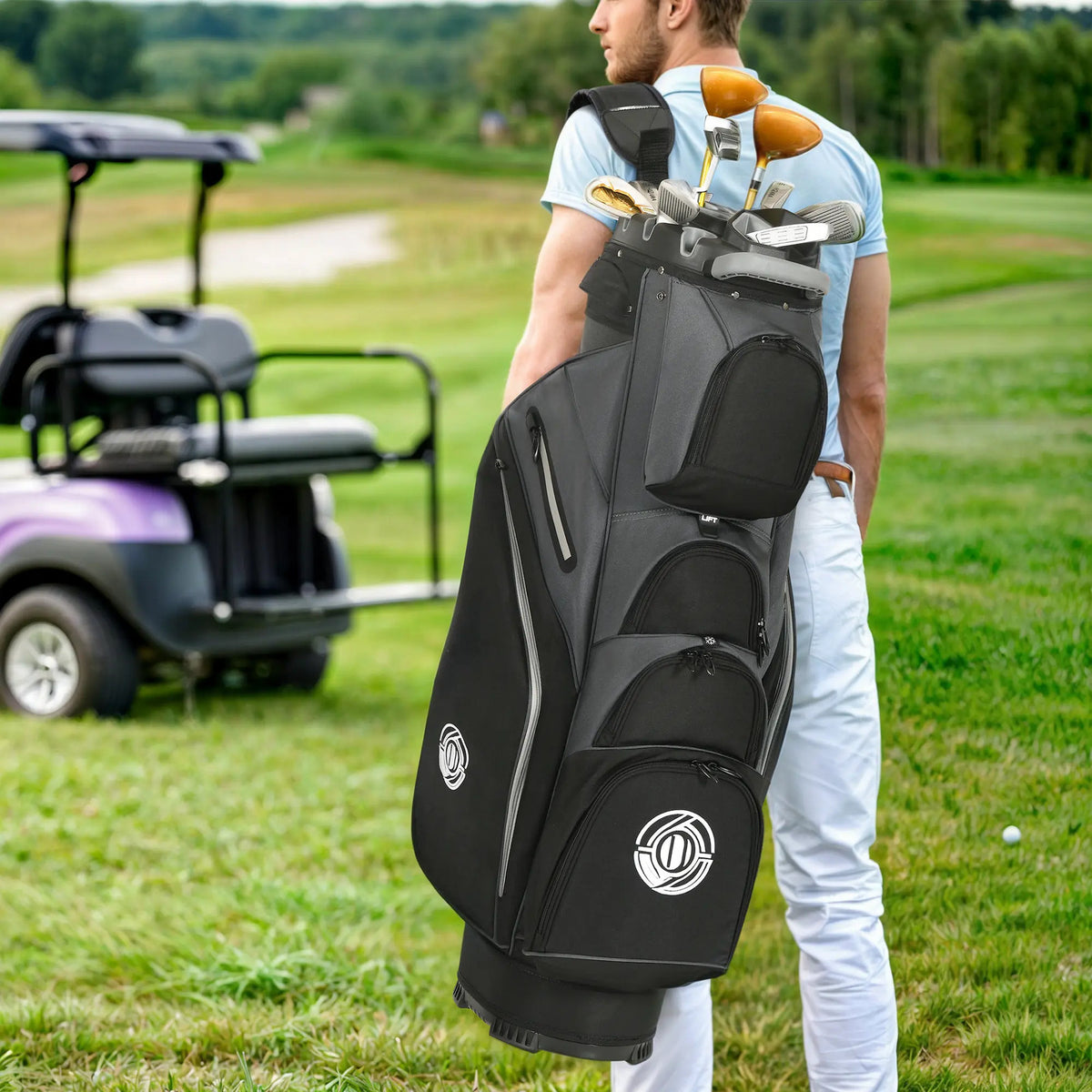 14-Way T-Lock Golf Cart Bag with Cooler Pocket, Durable Hard Shell