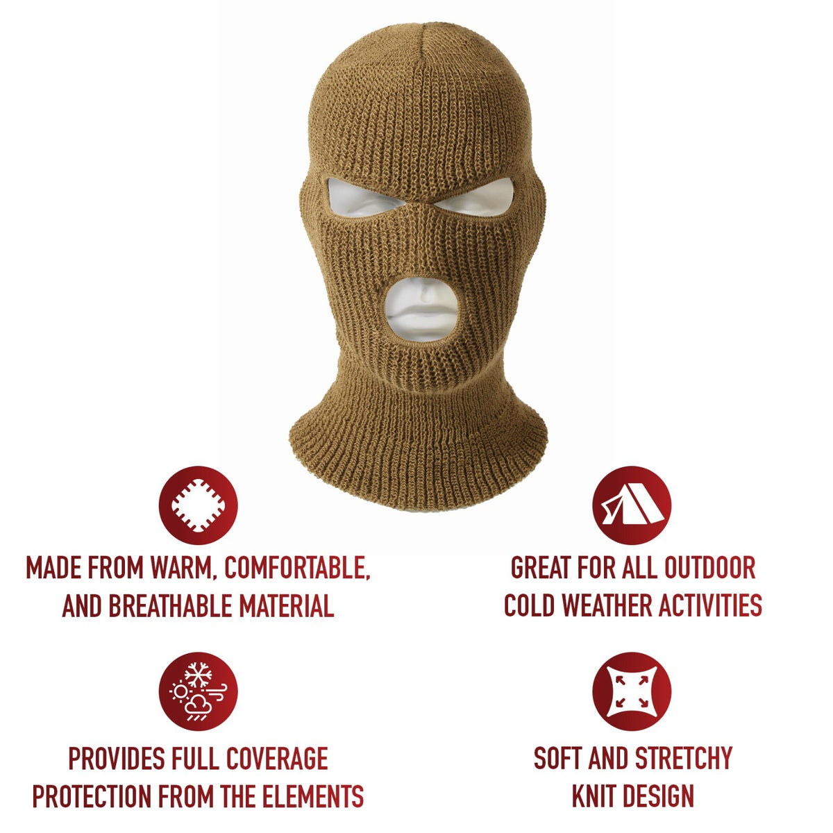3 Hole Acrylic Ski Mask Face Mask & Winter Balaclava Hood - Made in USA