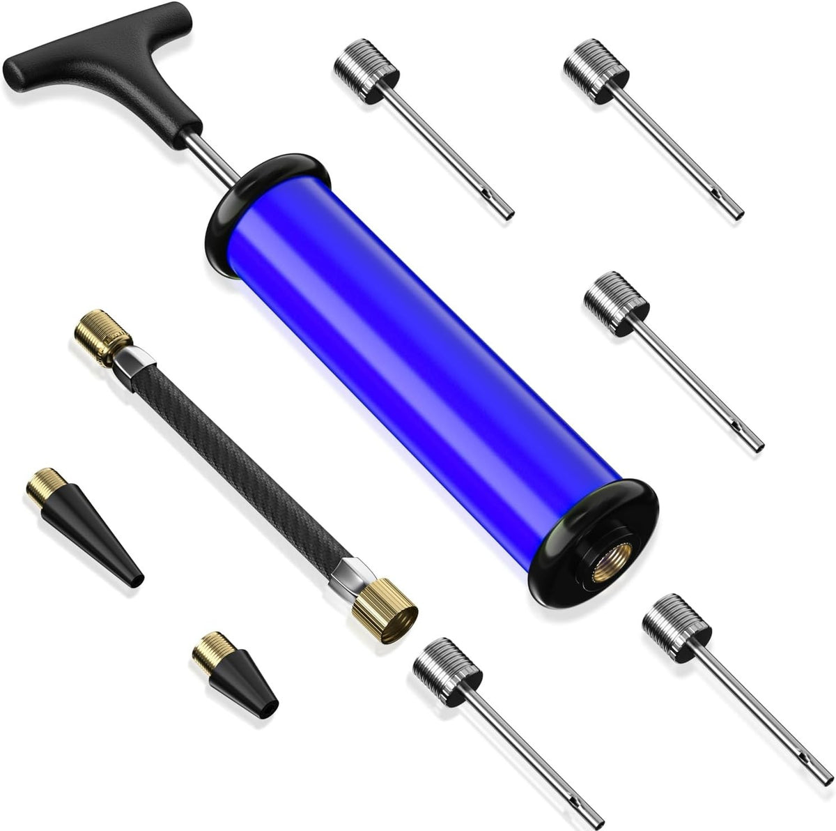 Portable Sports Ball Pump Kit with 5 Needles, Nozzle, Hose & Carry Bag