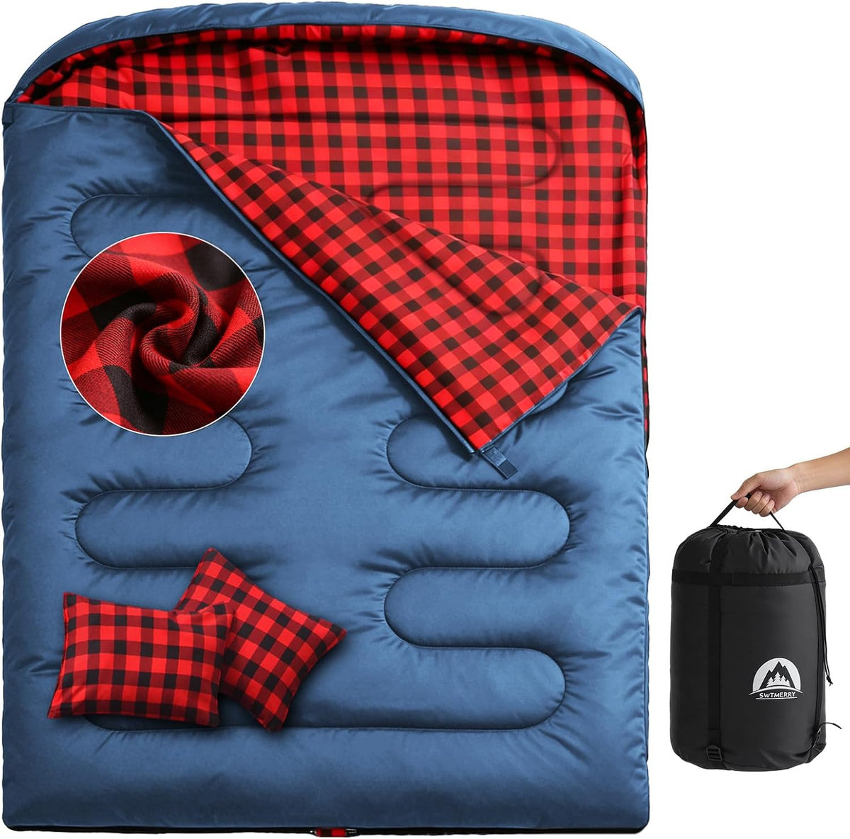 Double Sleeping Bag for Adults with 2 Pillows XL Queen Size Waterproof Camping Bed