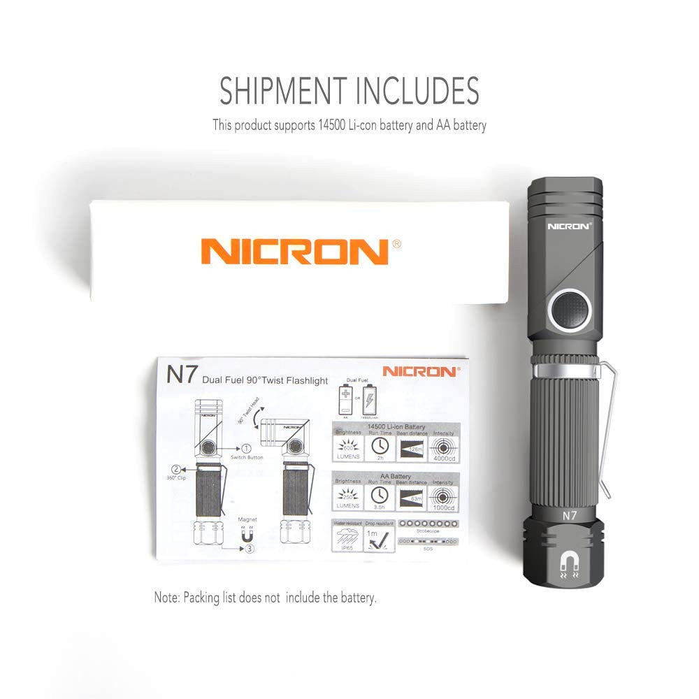 NICRON N7 Tactical Flashlight 600 Lumens Waterproof 90° Mini Torch