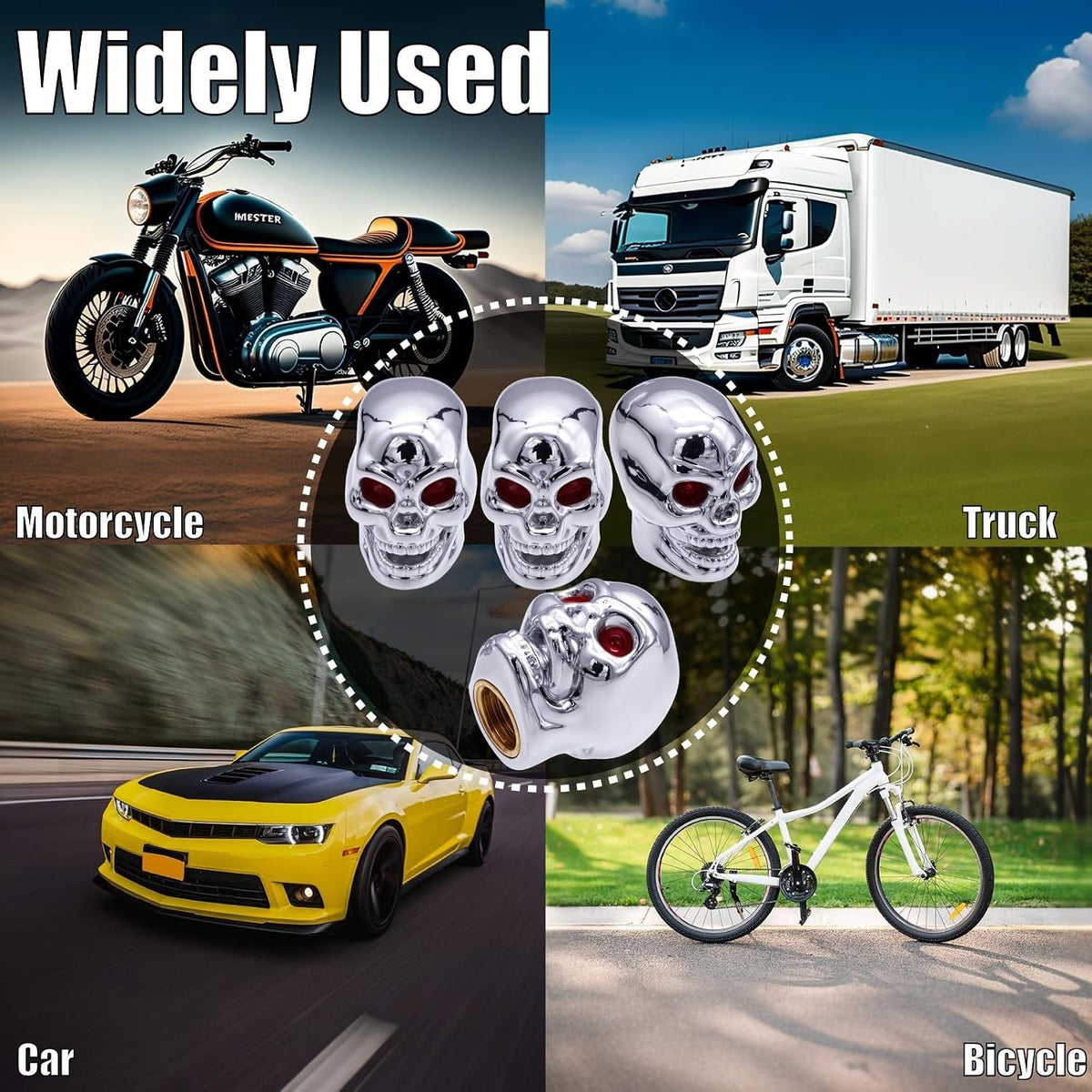 Skull Style Tire Valve Stem Caps - Universal Copper Core Wheel Air Caps for Cars, Bikes, Trucks, SUVs - Silver