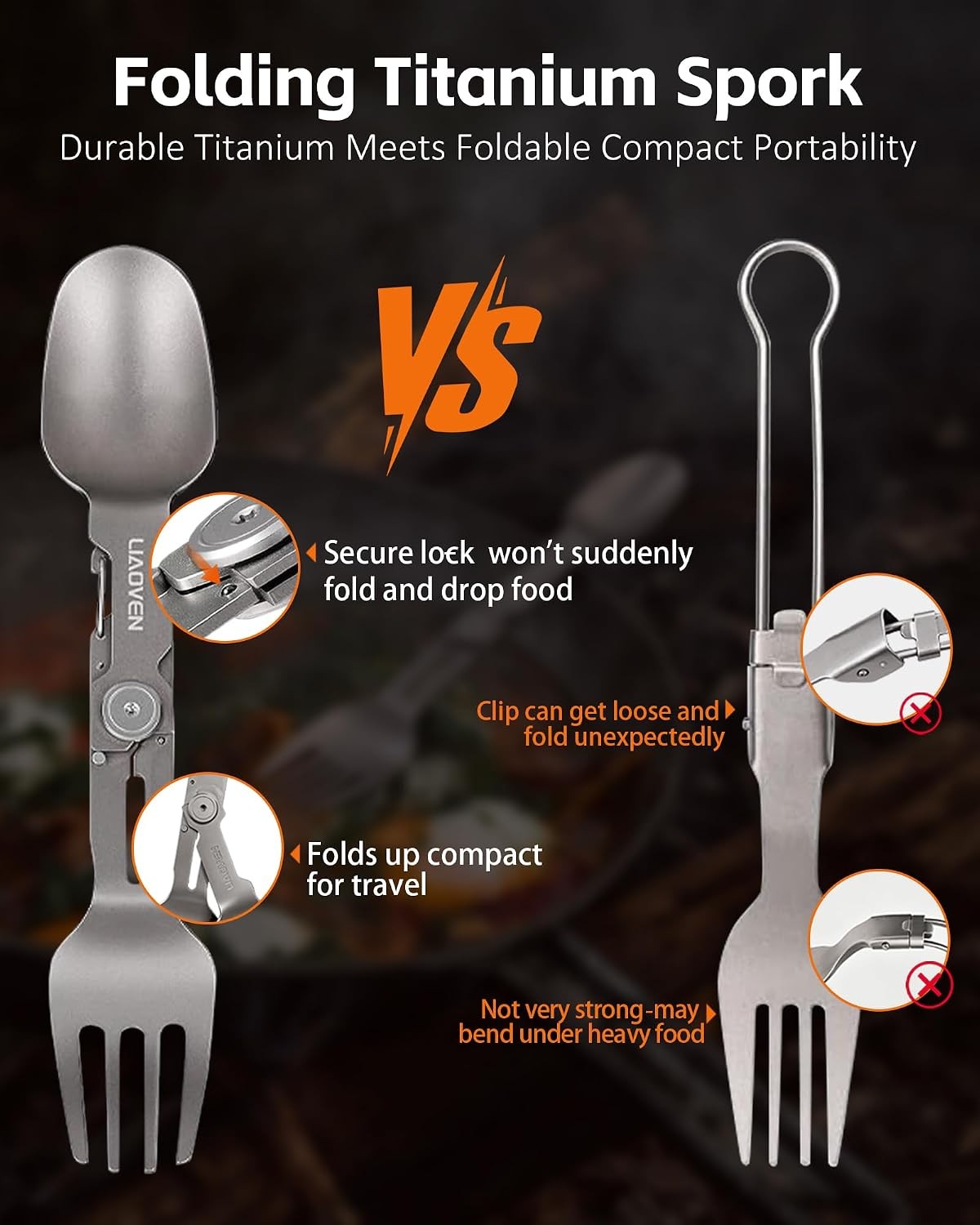 (2 Pack) Titanium Folding Spork 3-in-1 Camping Utensils Lightweight Reusable Cutlery