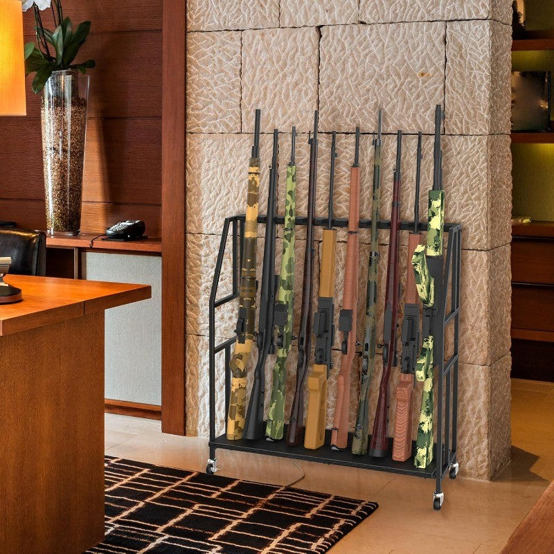Gun Rack with Metal Frame and Wheels Holds 10 Long Guns, Adjustable Height
