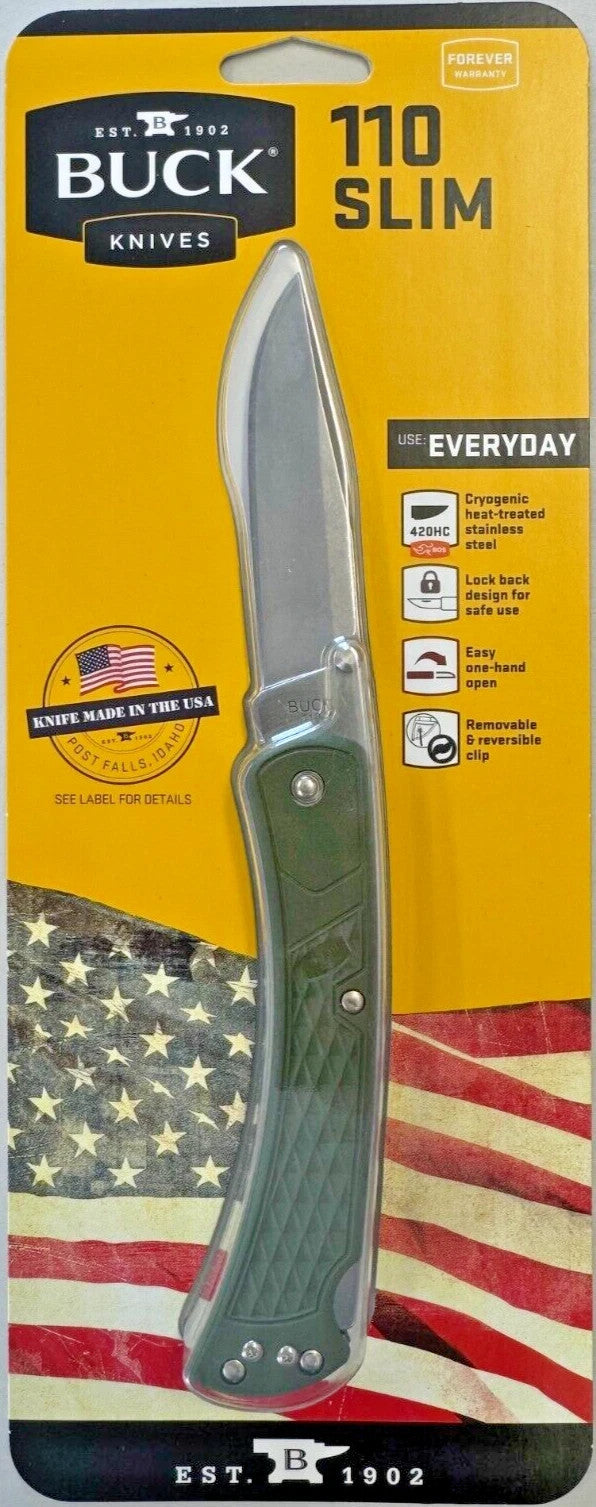Buck 110 Slim Select Folding Knife with Nylon Handle, O.D. Green