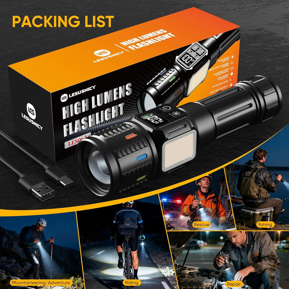 Rechargeable LED Flashlight 100,000 Lumens Dual Source Waterproof Camping Light