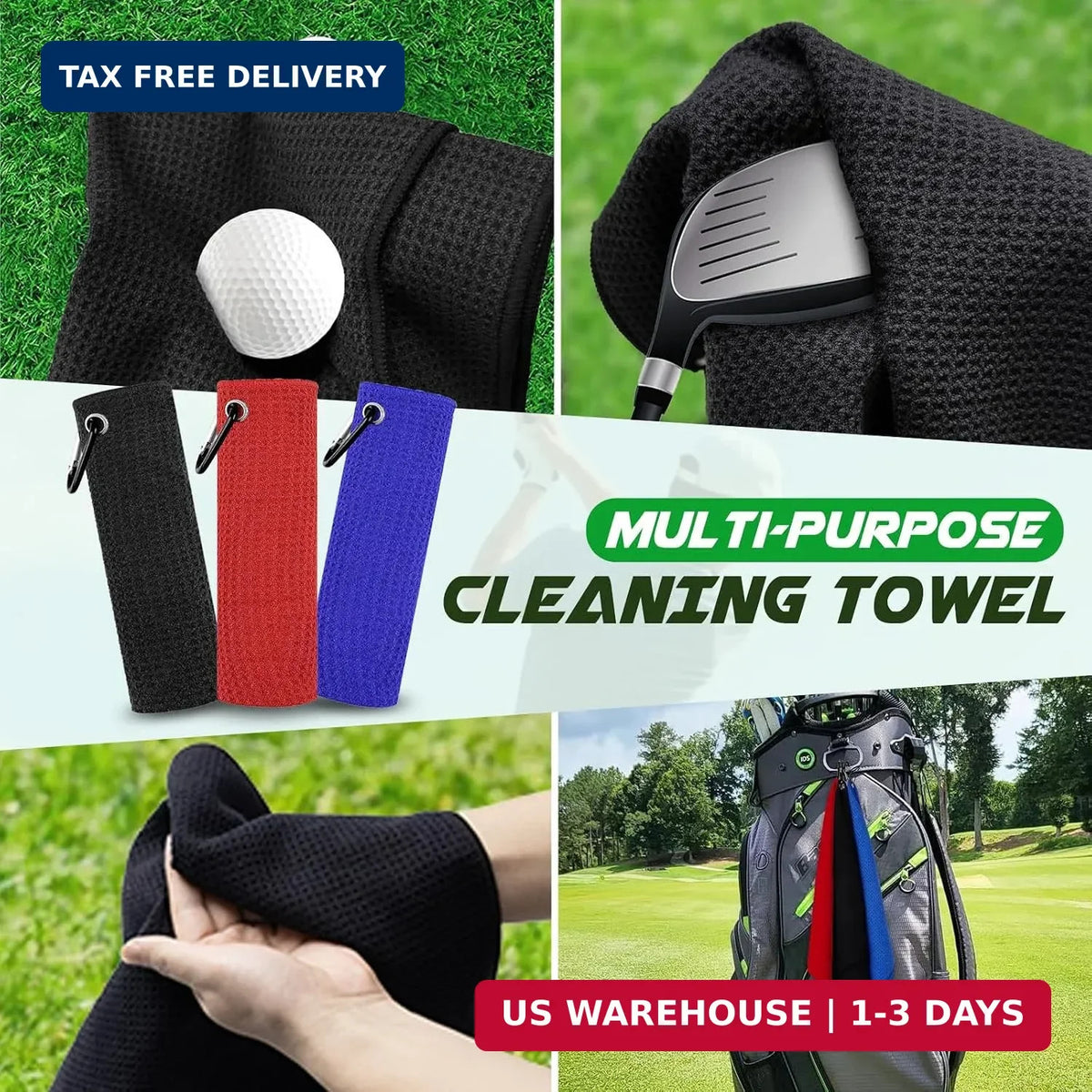 Golf Towel 3 Pack - Microfiber Waffle Pattern, 16x16 Inches, Absorbent Cleaning Towels