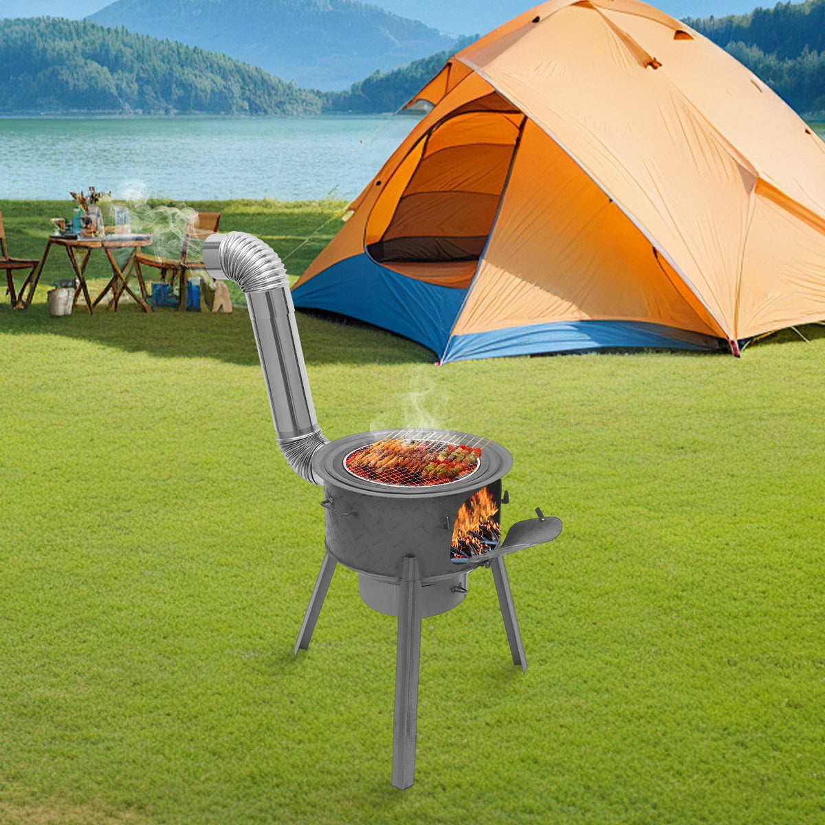 Portable Camping Wood Stove with Wok Rings, Stable Steel Support