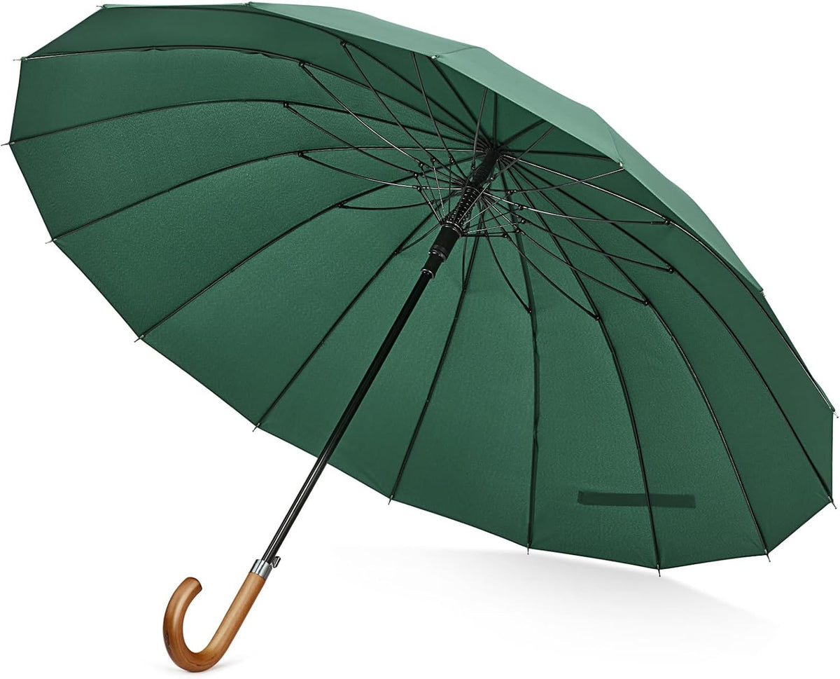 Large Windproof Umbrella 54 Inch Auto Open Wooden Handle Dark Green