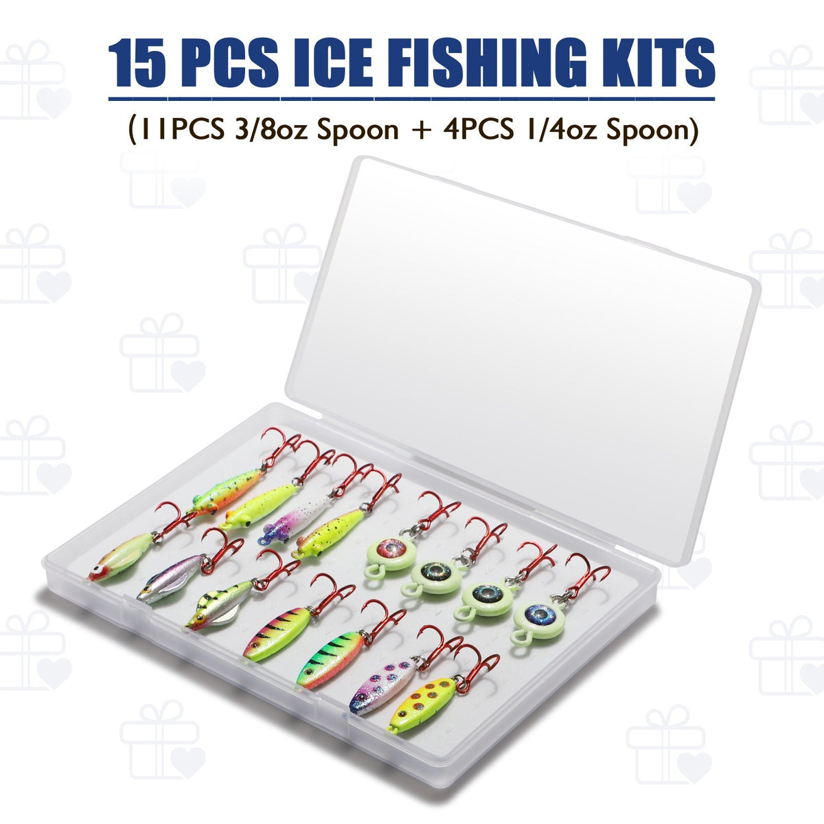 15PCS Ice Fishing Spoons Kit - Glow & Rattling Lures with Treble Hooks