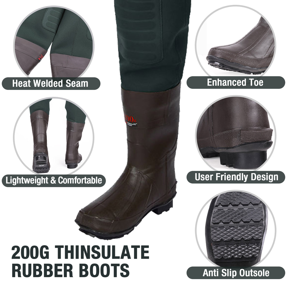 Unisex Neoprene Fishing Waders with Insulation and Cleated Boots - Waterproof Chest Waders for Hunting & Fishing