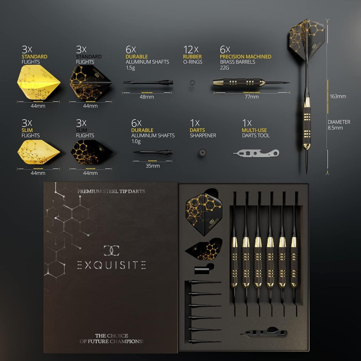 Steel Tip Darts Set – 6x 22g Brass Barrels, Aluminum Shafts, Steel Tips