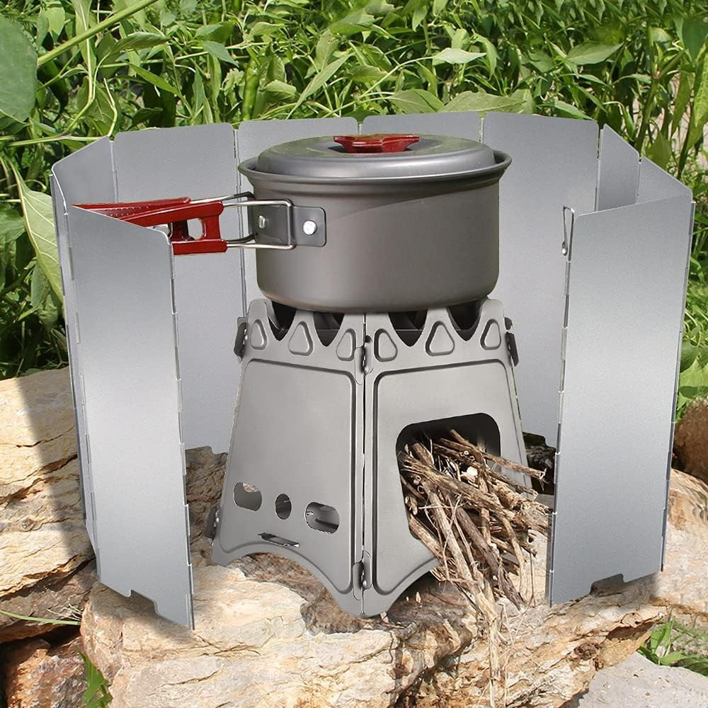 Camping Stove Windscreen - 10 Aluminum Plates, Foldable & Portable