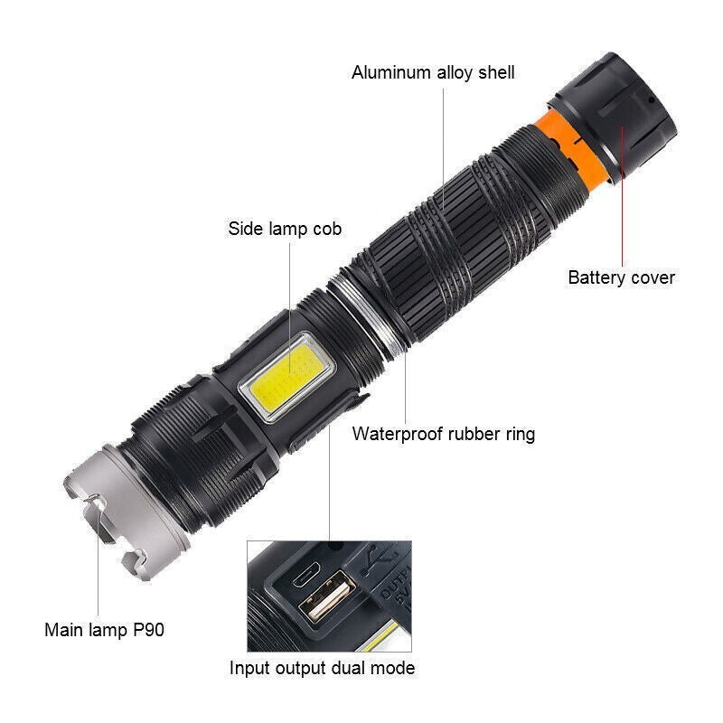 High-Powered LED Flashlight with USB Charging & Zoomable Torch